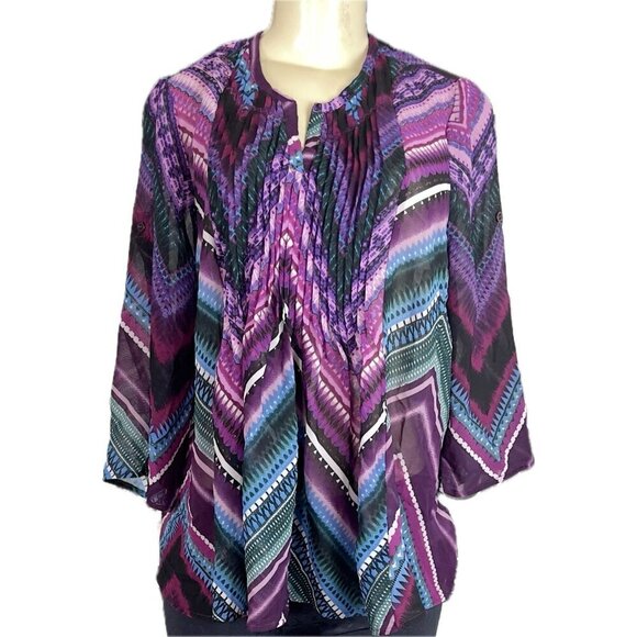 Roaman's 12W Purple Geometric Semi-Sheer Split Neck Pin-Tuck 3/4 Sleeve Blouse - Picture 2 of 6